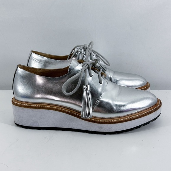Loeffler Randall Callie Silver Metallic Leather Lace Up Oxfords Size 6.5 - Picture 2 of 7